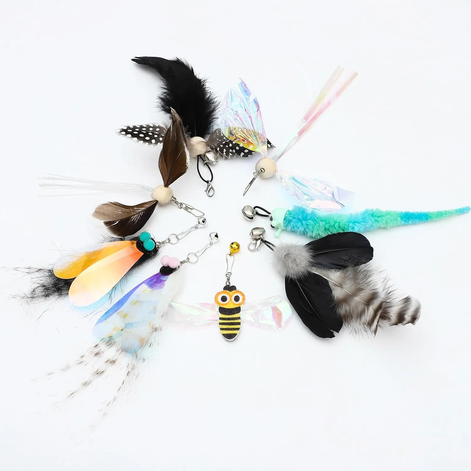 10 Pieces Cat Feather Toys Replacement Insect Cat Toy with Bell Wand Refills Cats Toy Replacement Natural Bird Feathers for Cats Toys