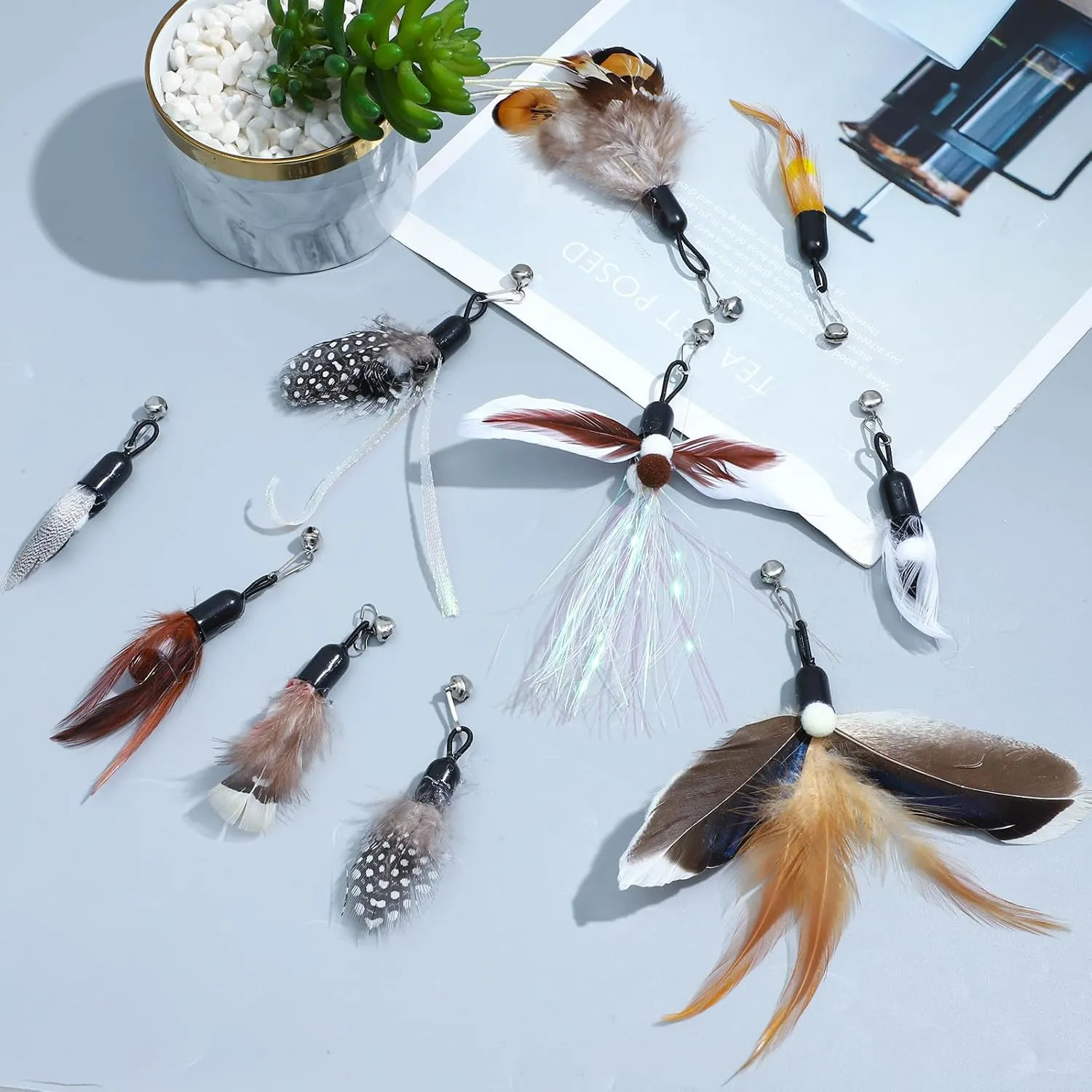 10 Pieces Cat Feather Toys Replacement Insect Cat Toy with Bell Wand Refills Cats Toy Replacement Natural Bird Feathers for Cats Toys