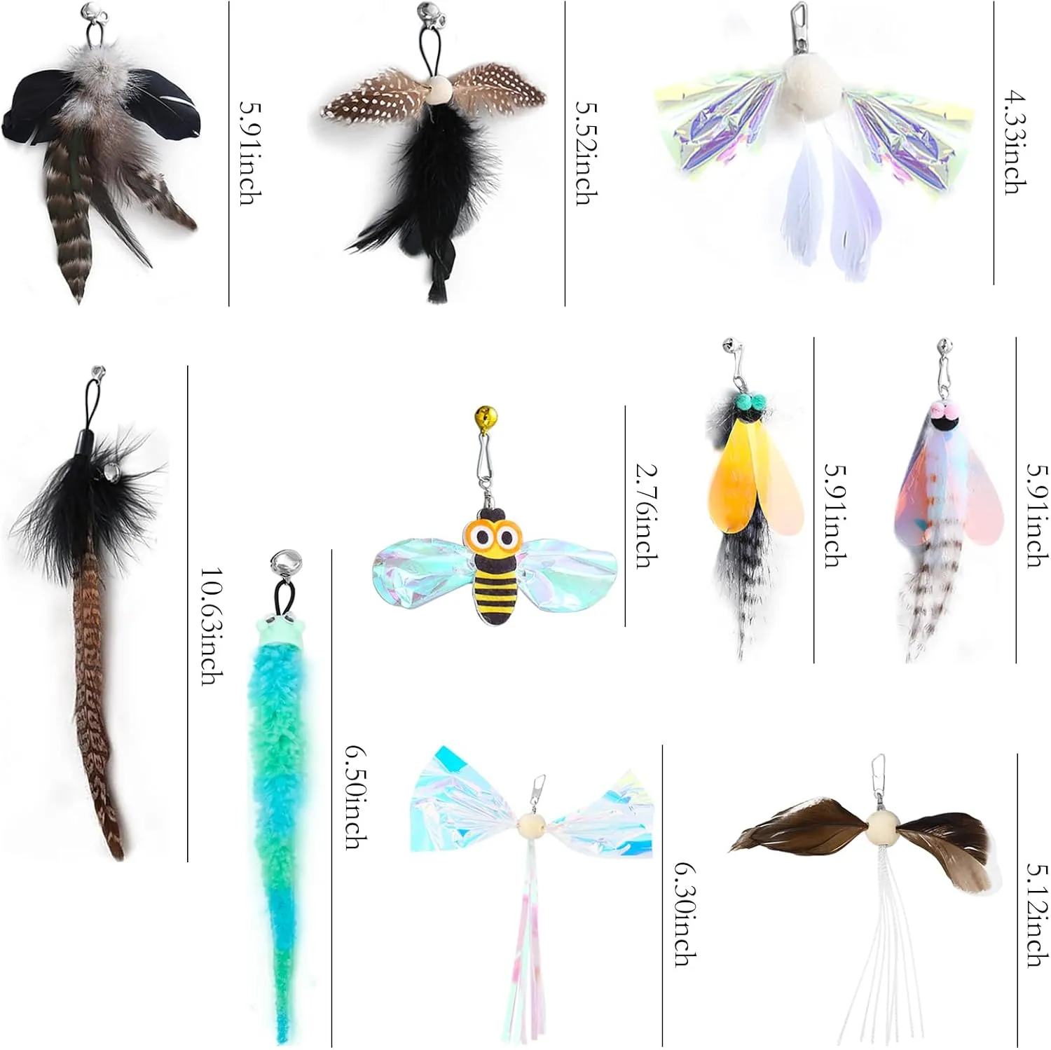 10 Pieces Cat Feather Toys Replacement Insect Cat Toy with Bell Wand Refills Cats Toy Replacement Natural Bird Feathers for Cats Toys