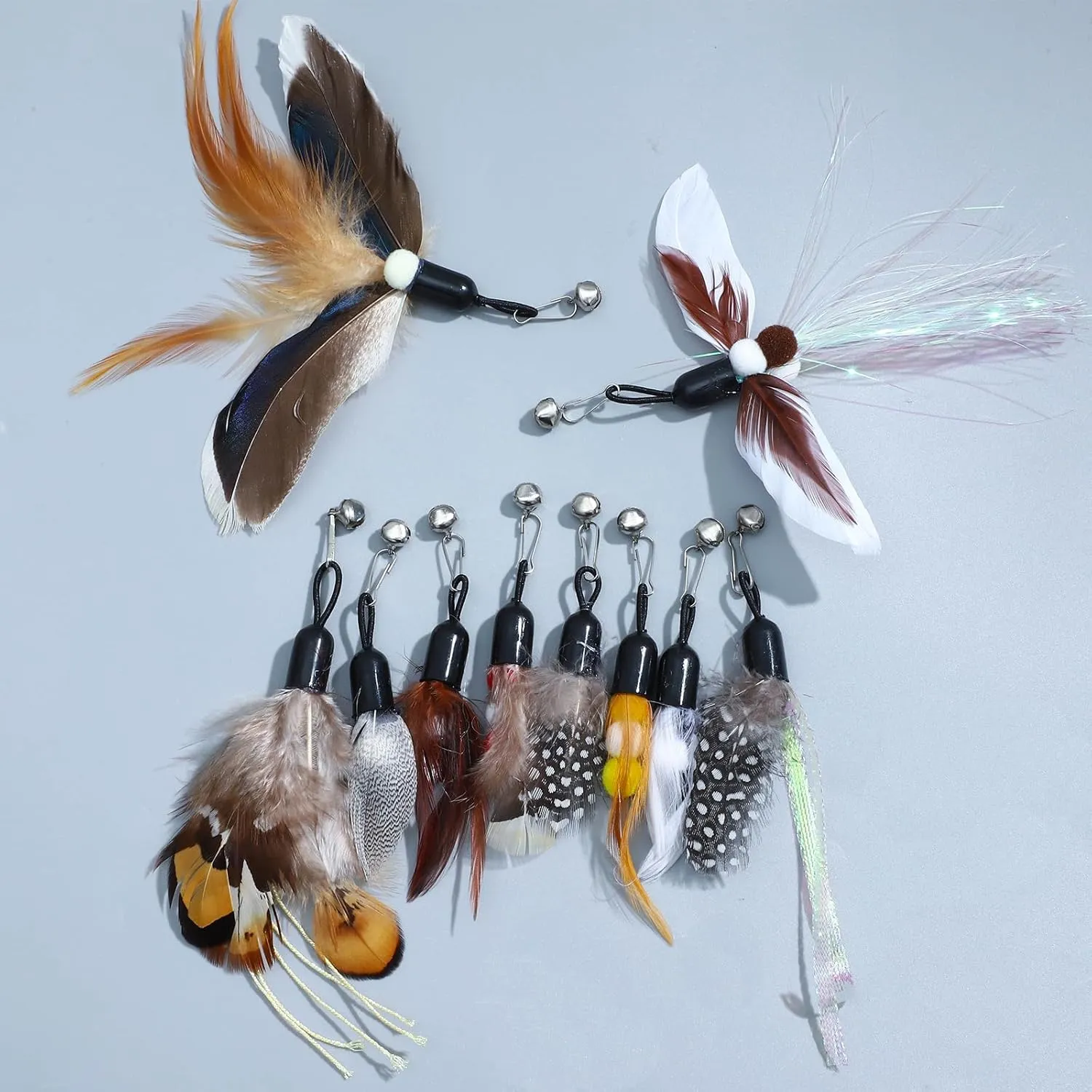 10 Pieces Cat Feather Toys Replacement Insect Cat Toy with Bell Wand Refills Cats Toy Replacement Natural Bird Feathers for Cats Toys