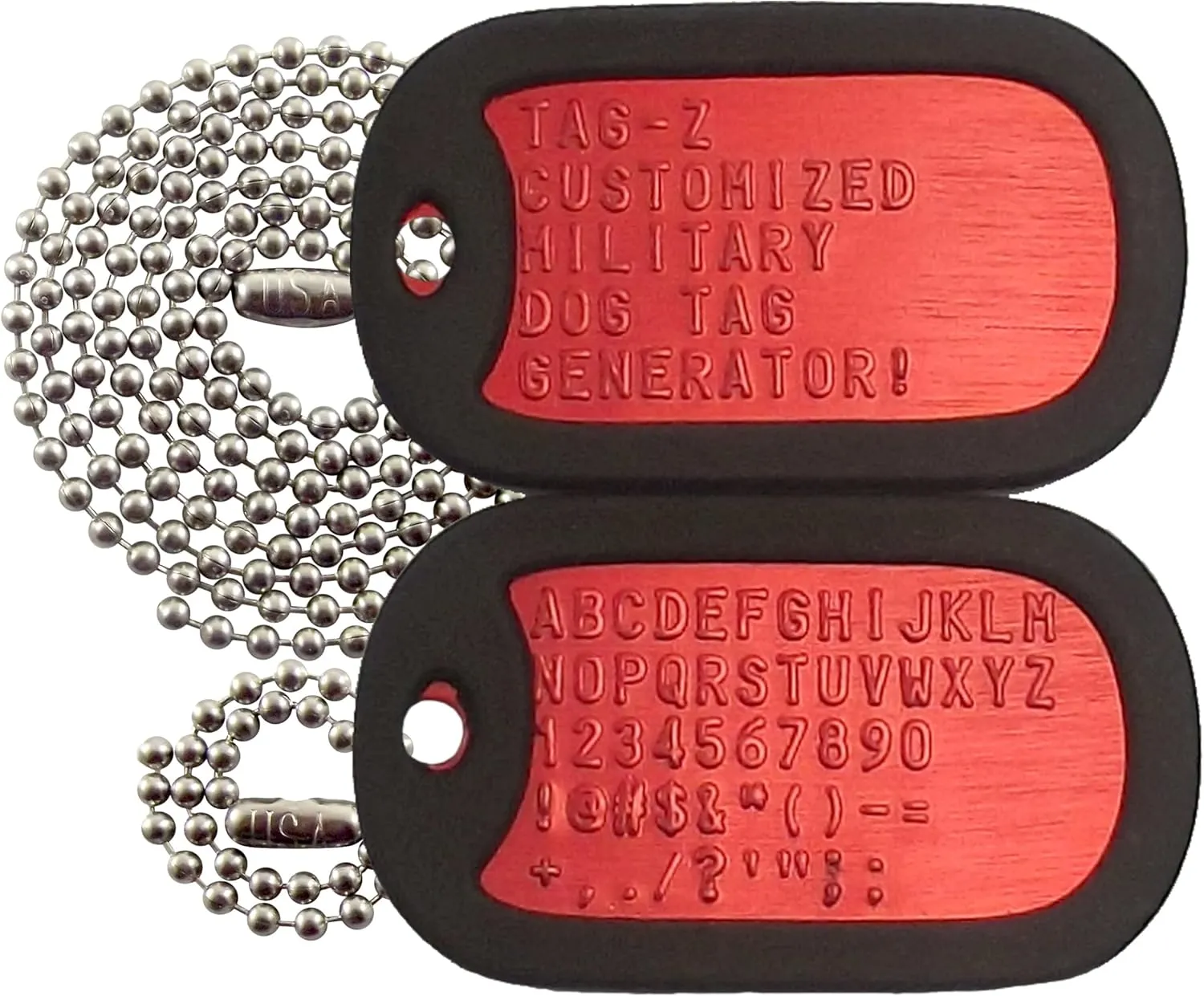 2 Military Dog Tags Custom Embossed with Chains and Silencers, Medical Alert Tags, RED Aluminum