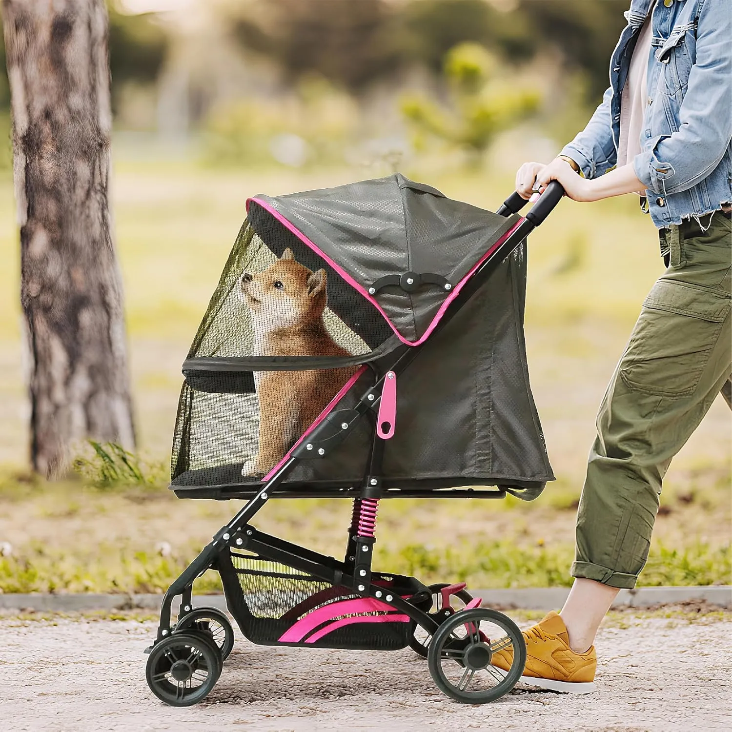 22 Buddy Buggies Foldable Pet Stroller - Shock Absorbing Frame with Storage - Machine Washable Fabric - Durable Mesh & UV Protected Retractable Canopy - Cat & Dog Stroller Up to 30lb