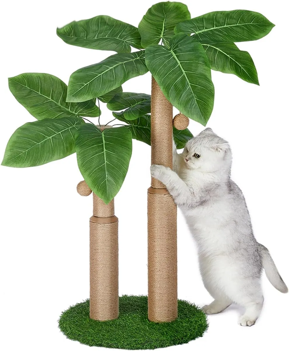 29.7inch Cat Scratching Post,Cat Scratcher Cat Tree with 2 Sisal Scratching Poles & 2 Interactive Dangling Balls,Cats Scratching Posts for Indoor Kitten & Adult Cats (2 Posts Banana Tree)