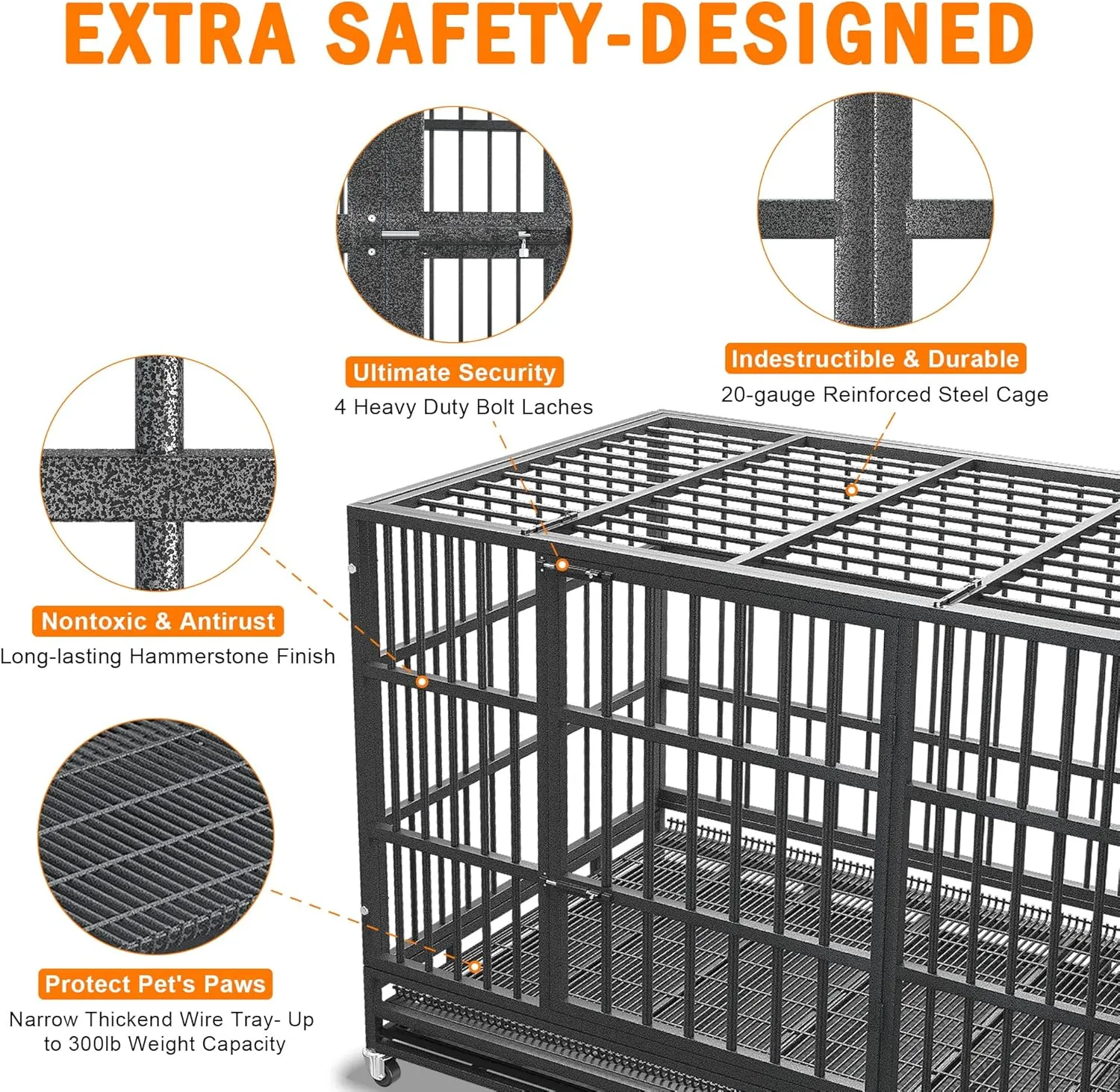 48/42/38 inch Heavy Duty Indestructible and Escape-Proof Dog Crate Cage Kennel for Large Dogs, High Anxiety Dog Crate with Removable Wire Trays and Wheels, Extra Large XL XXL