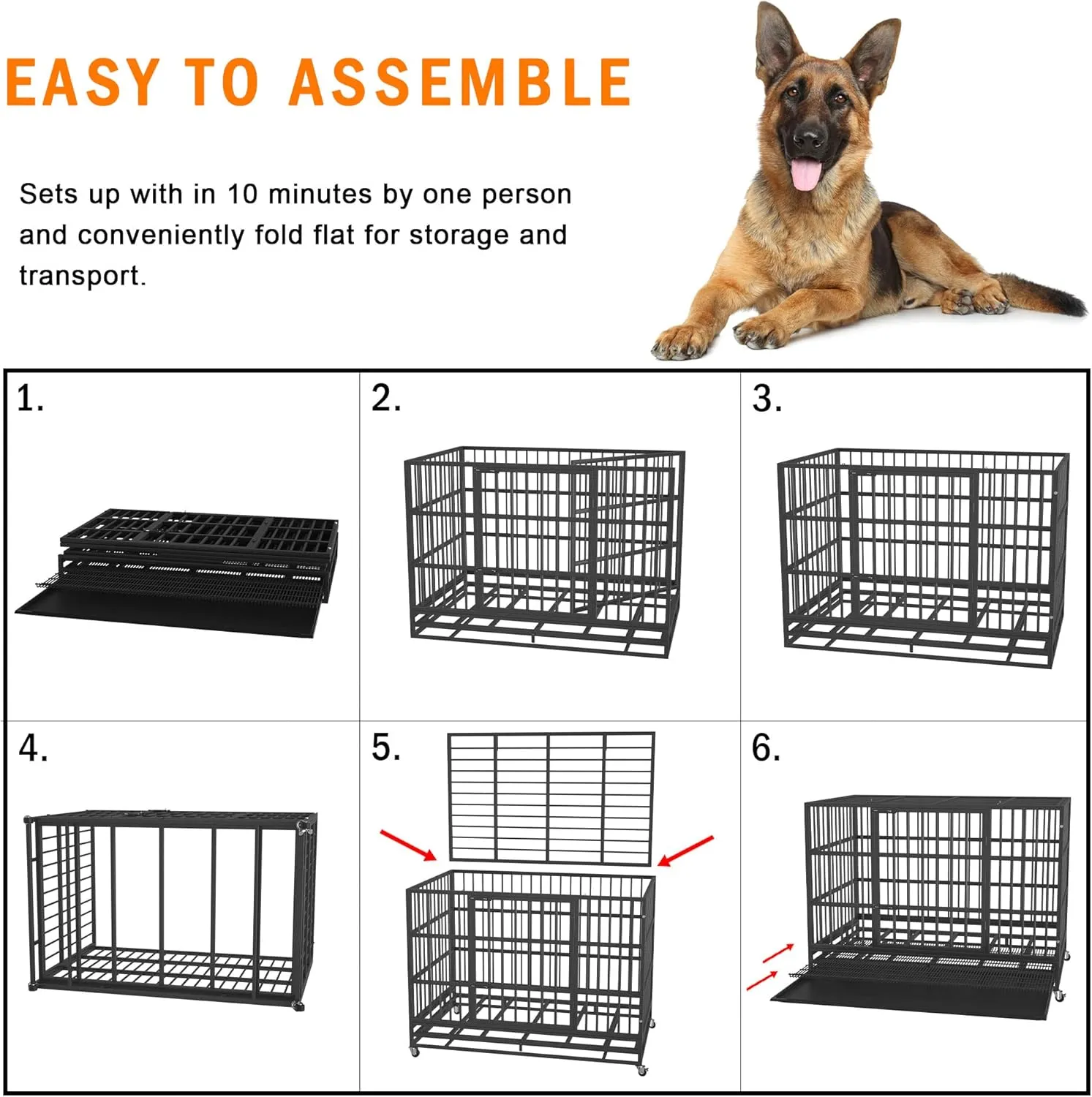 48/42/38 inch Heavy Duty Indestructible and Escape-Proof Dog Crate Cage Kennel for Large Dogs, High Anxiety Dog Crate with Removable Wire Trays and Wheels, Extra Large XL XXL