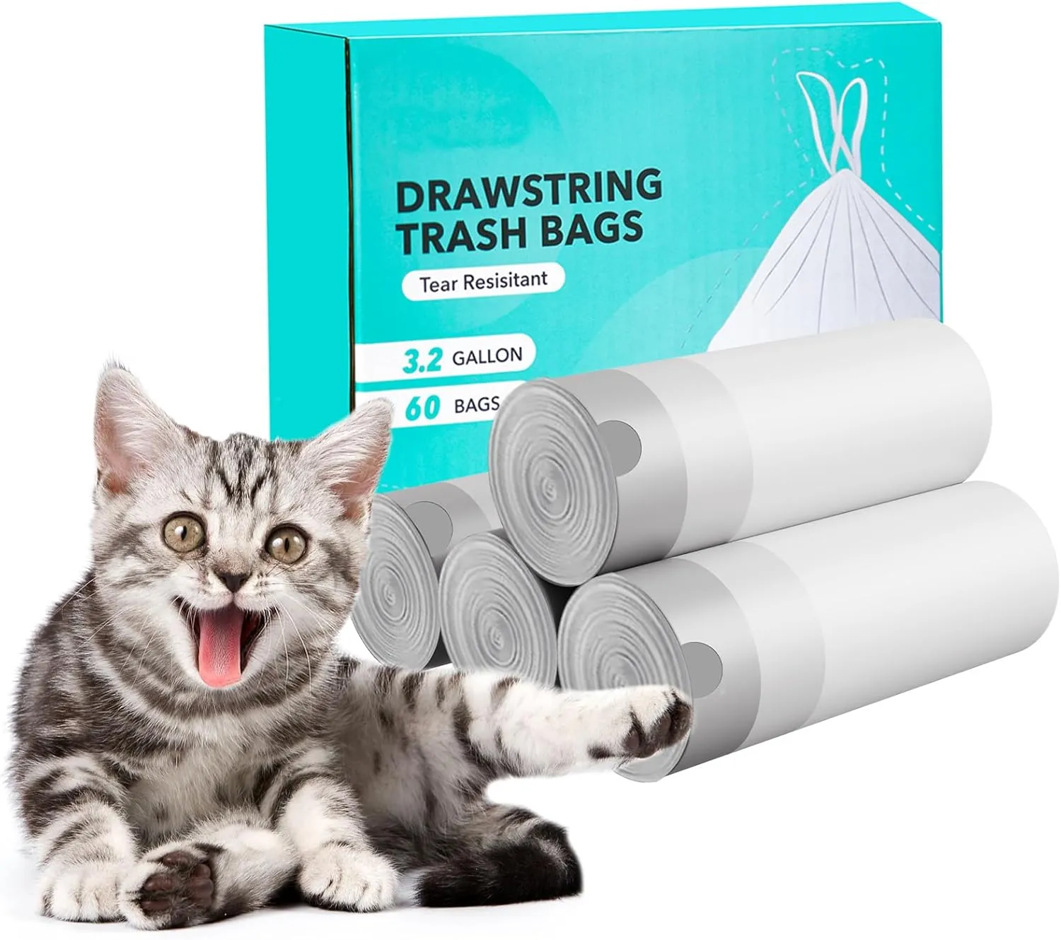 60 Count, 4 Rolls, Self-Cleaning Cat Litter Box Liners, 20 * 18 inches, for Cat Poop Bag for Self Cleaning Litter Trays, Pet Poop Bags with Drawstring