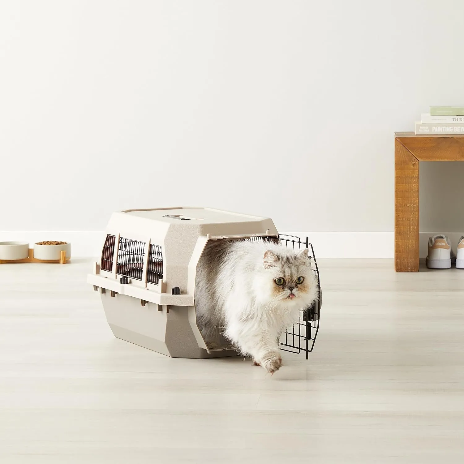 Amazon Basics Hard-Sided Dog and Cat Kennel Single-Door Travel Pet Carrier with Metal Wire Ventilation, 23.6"L x 15.7"W x 13.0"H, Beige