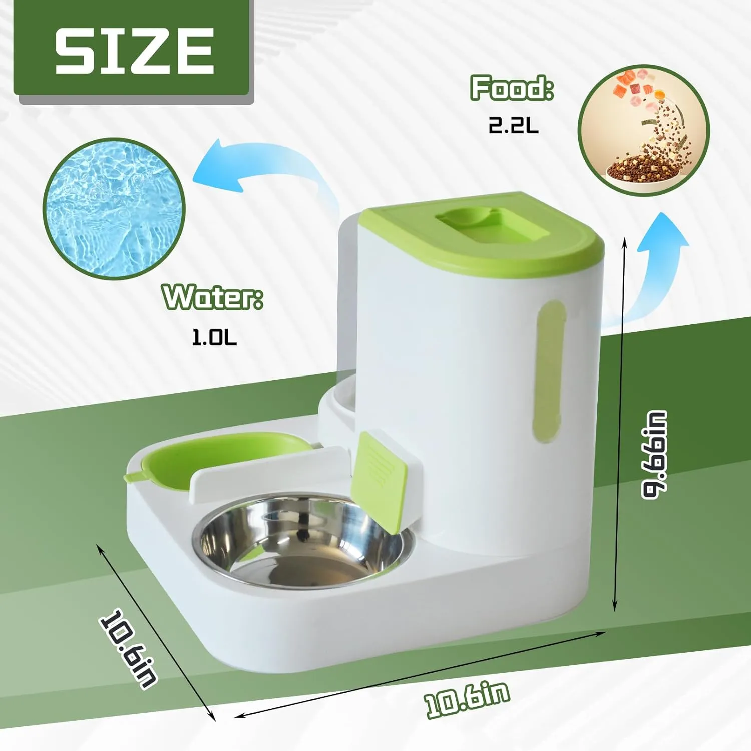 Automatic Cat Food and Water Dispenser Set 2 in 1,All-in-One Gravity Pet Feeder with Stainless Steel Cat Food Bowl Travel Auto Supply Feeder and Water Dispenser for Small Medium Cats Dogs (Green)