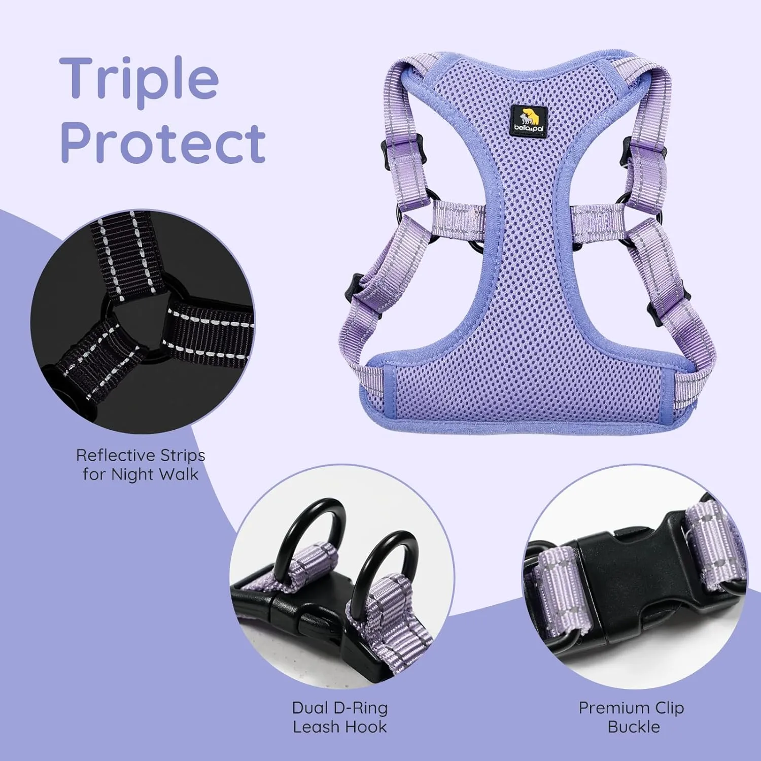 BELLA & PAL Adjustable Step-in Dog Harness, Puppy No-Pull Vest with Leash Set for XS/Small & Medium Dog, Breathable All-Weather Mesh, Reflective Strip, Secure Hook & Loop, Buckle Closure, Dual D-Rings