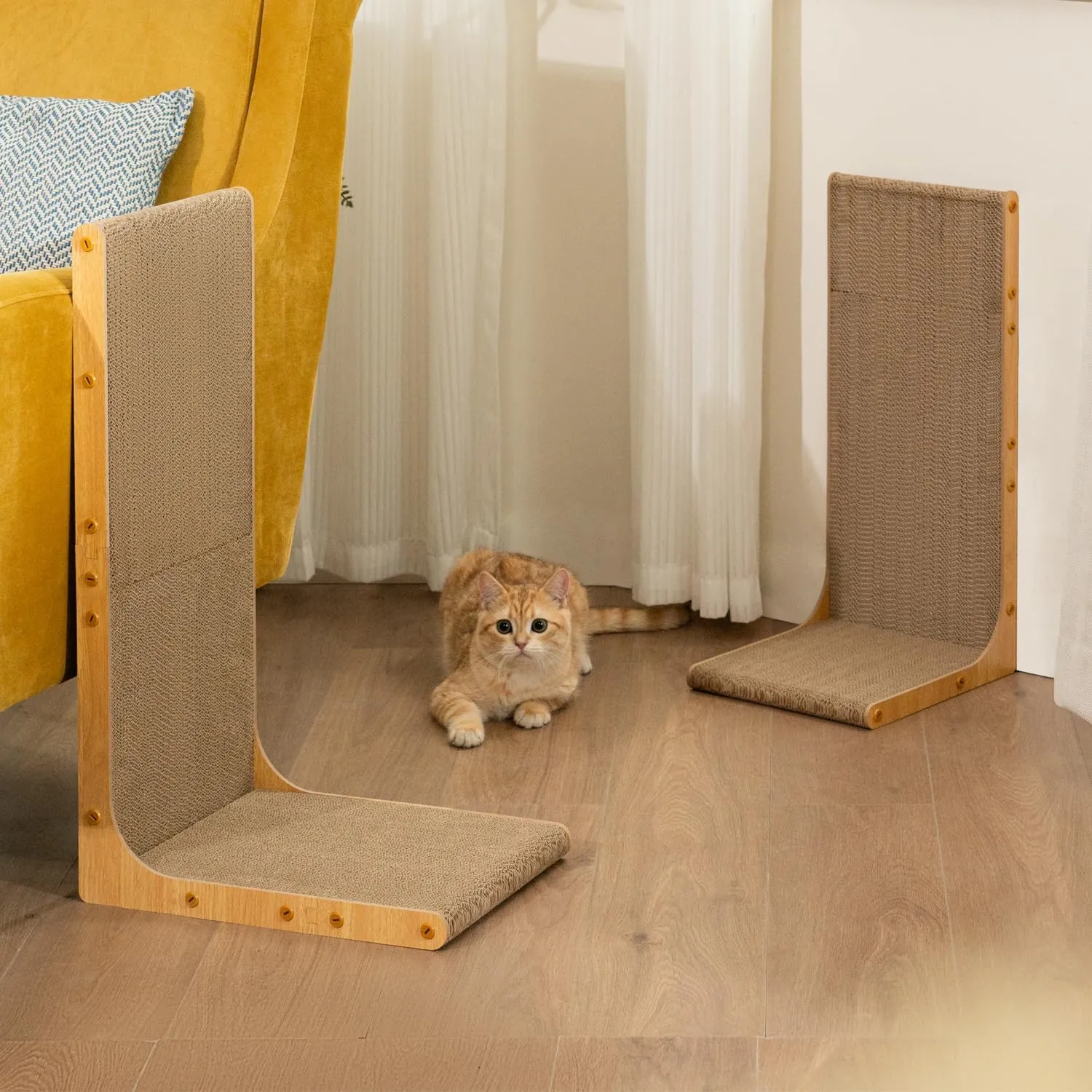 Cardboard Cat Scratcher,26 Inch L Shape Scratch Pad Wall Mounted,Vertical Scratching Board, Durable Cardboard to Protect Furniture for Indoor Cats,Light Wood Junbo