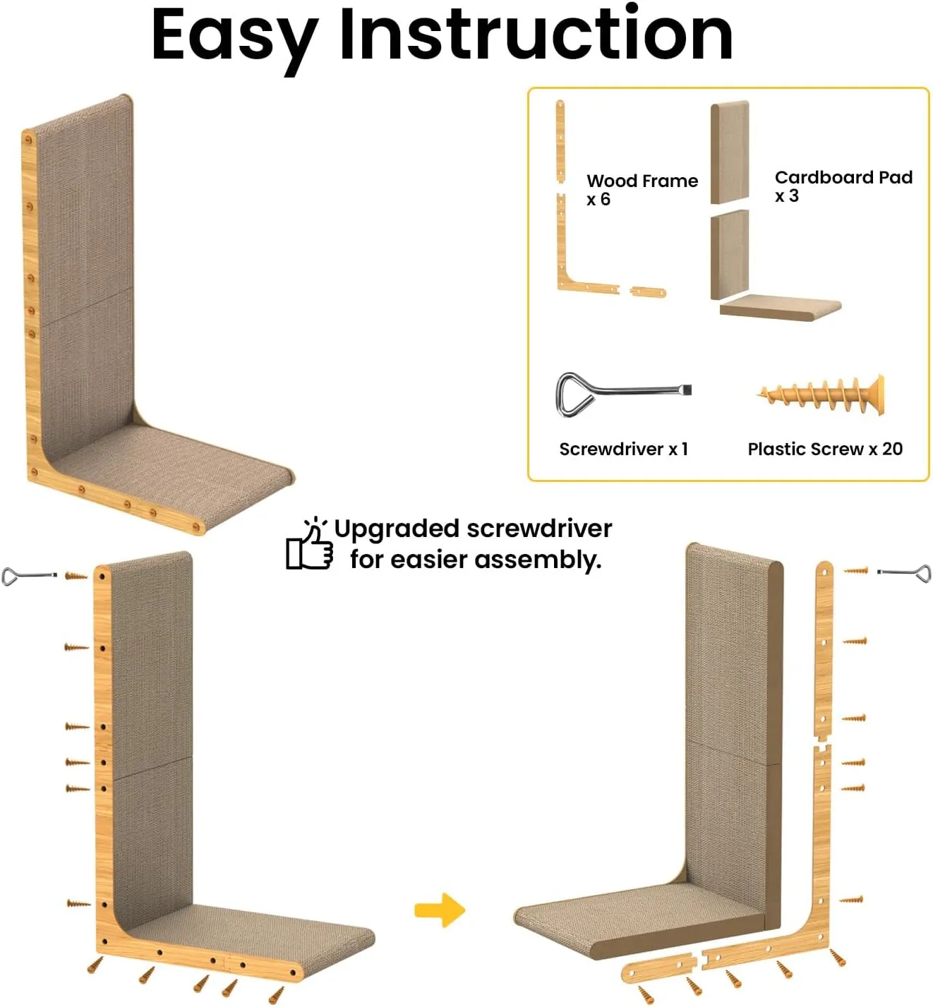 Cardboard Cat Scratcher,26 Inch L Shape Scratch Pad Wall Mounted,Vertical Scratching Board, Durable Cardboard to Protect Furniture for Indoor Cats,Light Wood Junbo