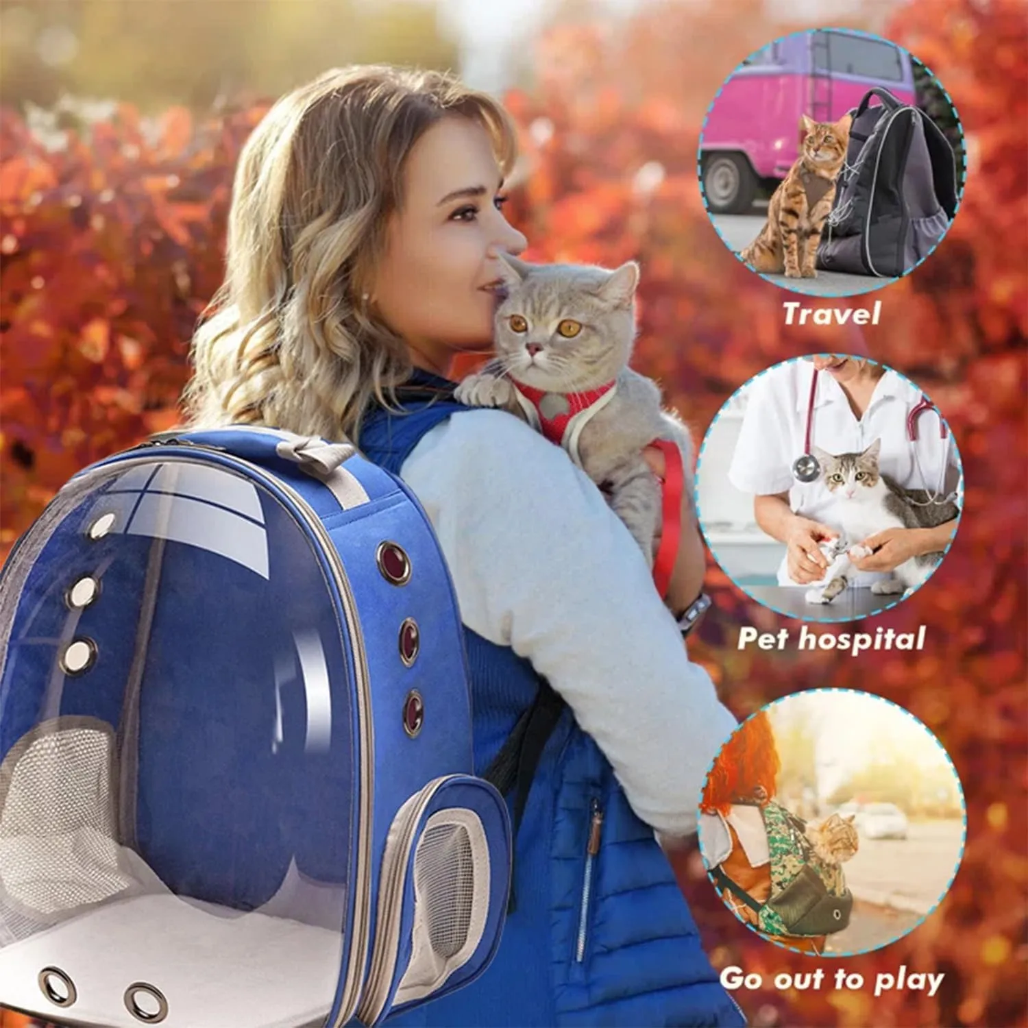 Cat Backpack Carrier, Pet Cat Carrier with Ventilated Design for Carrying Puppy Cats, Pet Carrier Backpack for Traveling/Hiking/Camping/Outdoors Airline Approved Travel Carrier (Blue)
