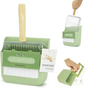 Cat Litter Scoop with Holder, Stainless Steel Kitten Poop Lifter- Portable Dustpan- Cleaning Brush, Fast Sifting Scooper for Kitty Litter Boxes (Green)