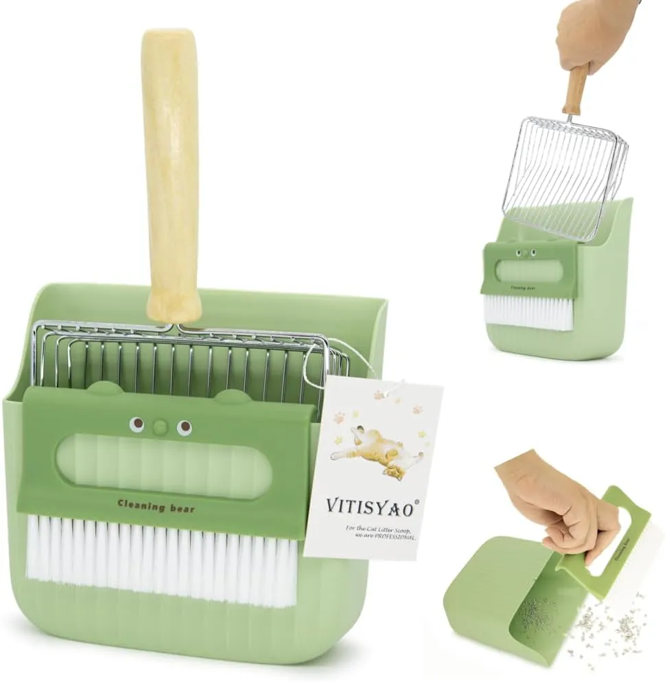 Cat Litter Scoop with Holder, Stainless Steel Kitten Poop Lifter- Portable Dustpan- Cleaning Brush, Fast Sifting Scooper for Kitty Litter Boxes (Green)