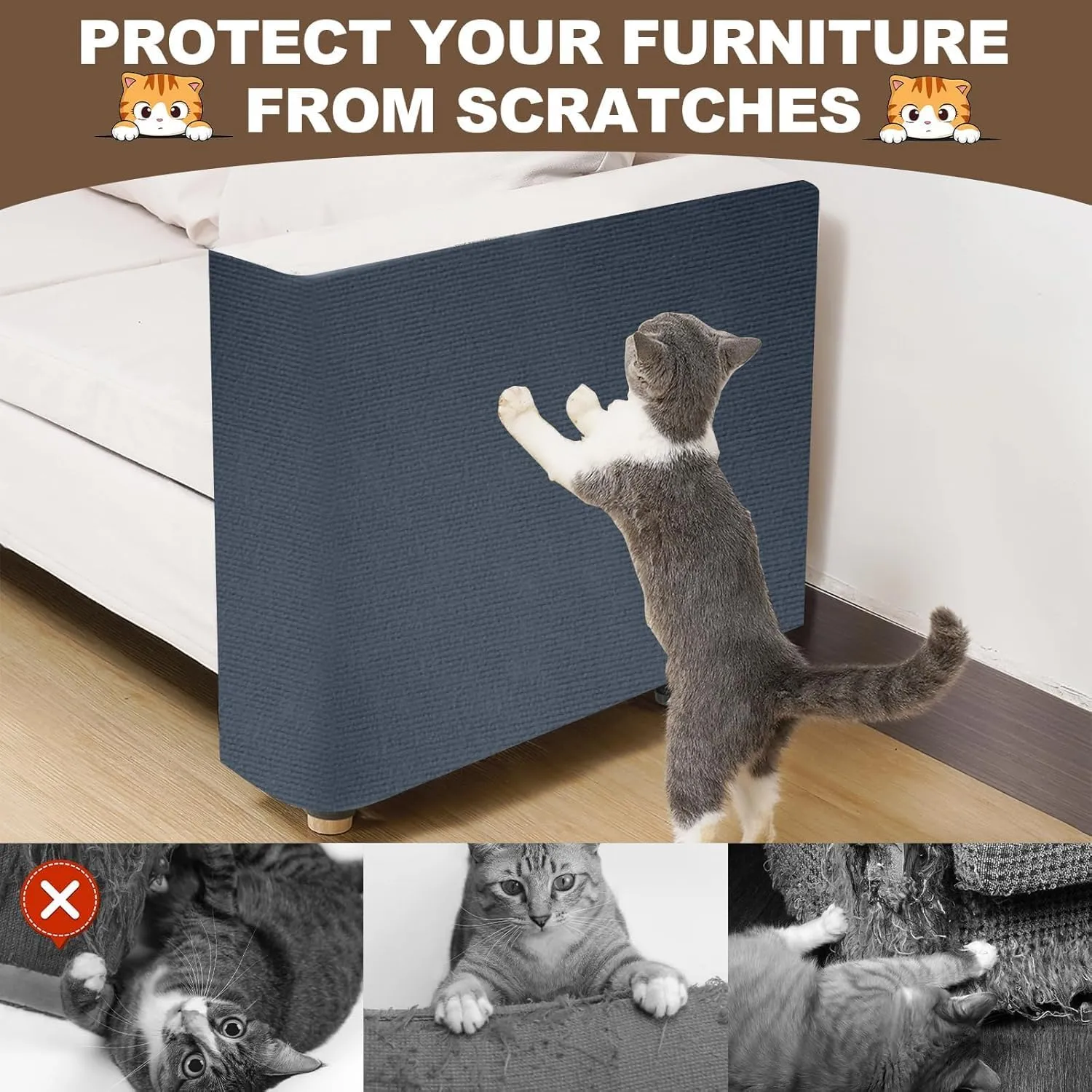 Cat Scratch Furniture Protector 157.4"x15.8" Cat Scratching Mat, Trimmable Self-Adhesive Cats Claws Scratch Pads, Climbing Scratcher Protector, DIY Mat Replacement for Cats Tree, Wall Shelves (Gray)