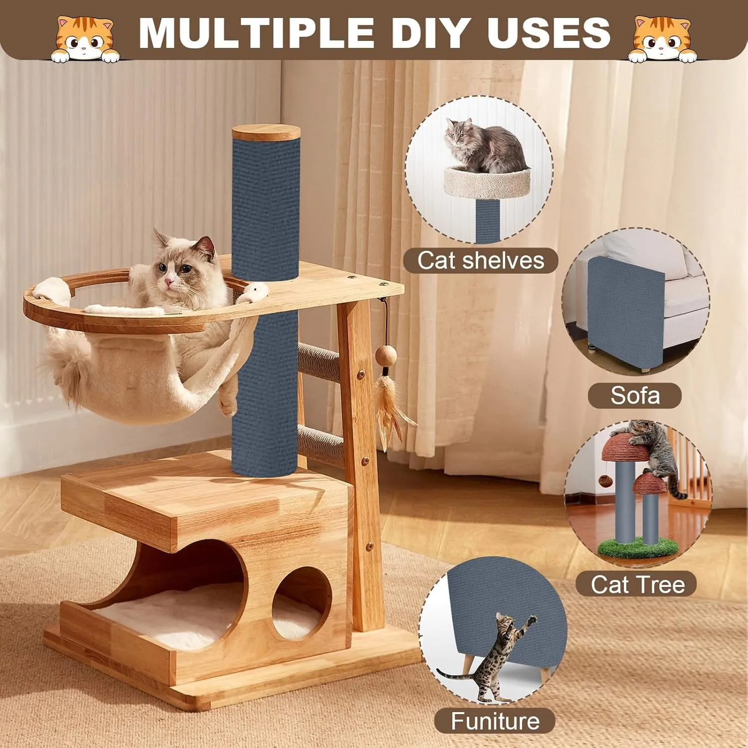 Cat Scratch Furniture Protector 157.4"x15.8" Cat Scratching Mat, Trimmable Self-Adhesive Cats Claws Scratch Pads, Climbing Scratcher Protector, DIY Mat Replacement for Cats Tree, Wall Shelves (Gray)