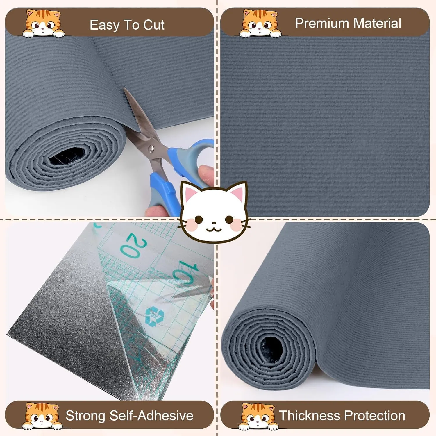 Cat Scratch Furniture Protector 157.4"x15.8" Cat Scratching Mat, Trimmable Self-Adhesive Cats Claws Scratch Pads, Climbing Scratcher Protector, DIY Mat Replacement for Cats Tree, Wall Shelves (Gray)