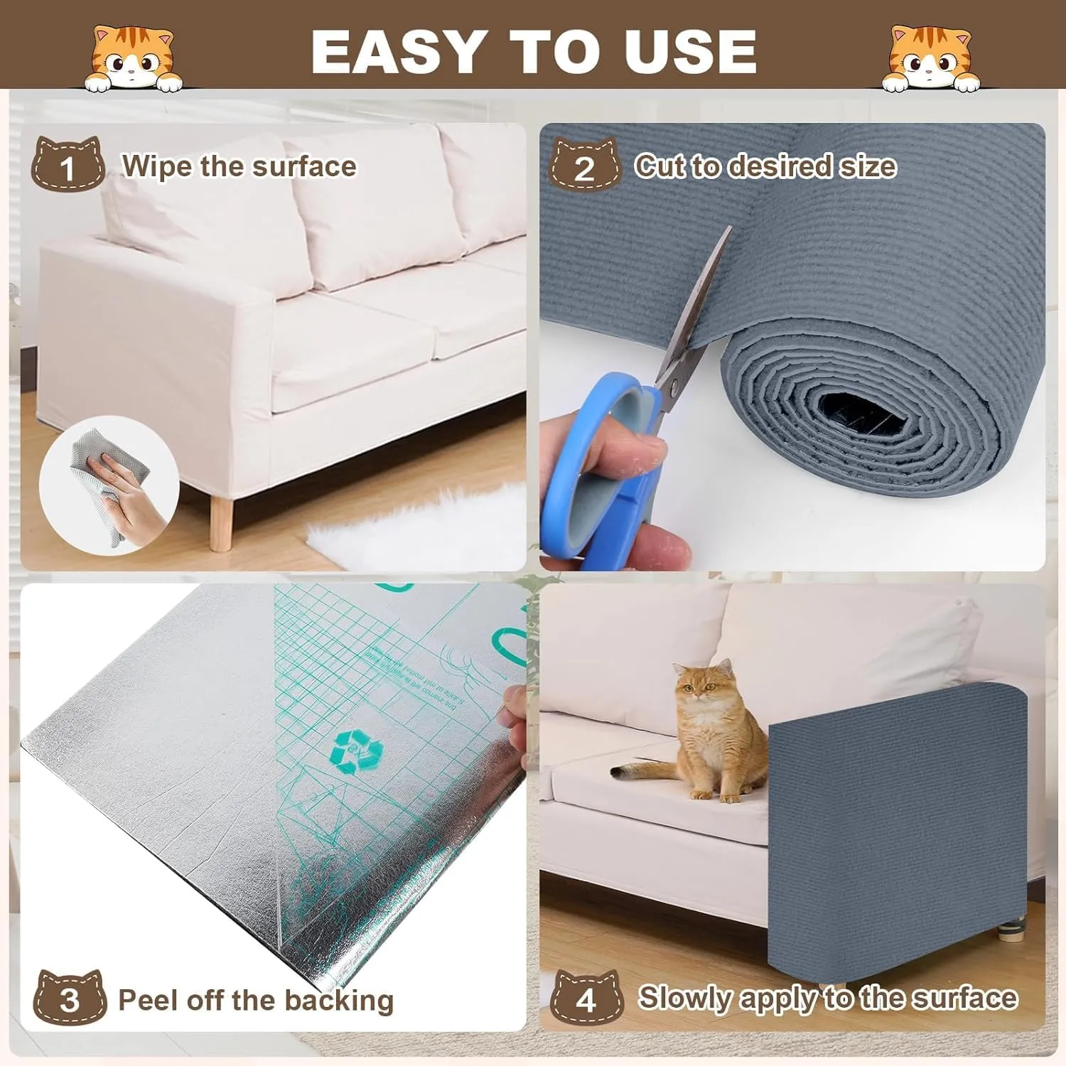 Cat Scratch Furniture Protector 157.4"x15.8" Cat Scratching Mat, Trimmable Self-Adhesive Cats Claws Scratch Pads, Climbing Scratcher Protector, DIY Mat Replacement for Cats Tree, Wall Shelves (Gray)