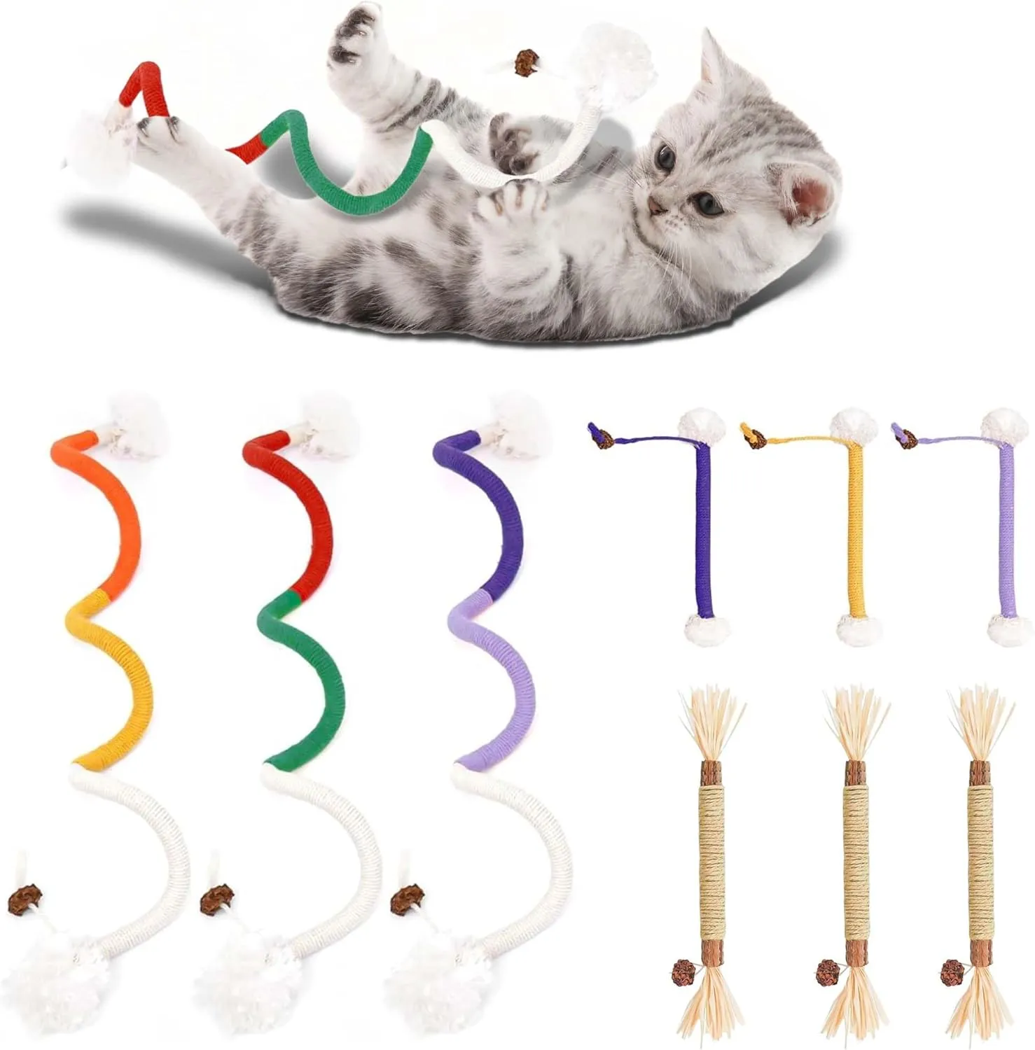 cat Toys 9PCS Sisal Ropes Plus Catnip, Park Silvervine Sticks for Indoor Cats Teeth Cleaning Kitten, Bite Resistant Catnip Toys Interactive Cat Nip Kitty Kicker Toy for All Breeds