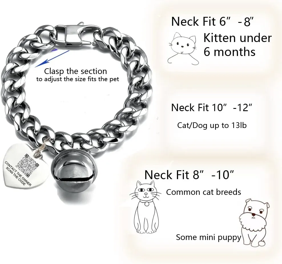 Custom White Cat Dog Collar Kitten Puppy wide Stainless Steel Kitten Choker Curb Adjustable Chew proof Cuban Link 1/2inch Chain with Gold Bone Tag Bell Personalized Qrcode ID tag