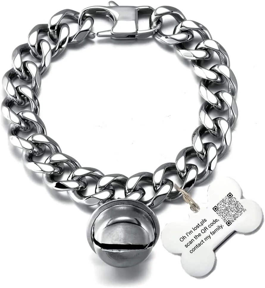 Custom White Cat Dog Collar Kitten Puppy wide Stainless Steel Kitten Choker Curb Adjustable Chew proof Cuban Link 1/2inch Chain with Gold Bone Tag Bell Personalized Qrcode ID tag