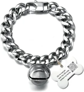 Custom White Cat Dog Collar Kitten Puppy wide Stainless Steel Kitten Choker Curb Adjustable Chew proof Cuban Link 1/2inch Chain with Gold Bone Tag Bell Personalized Qrcode ID tag