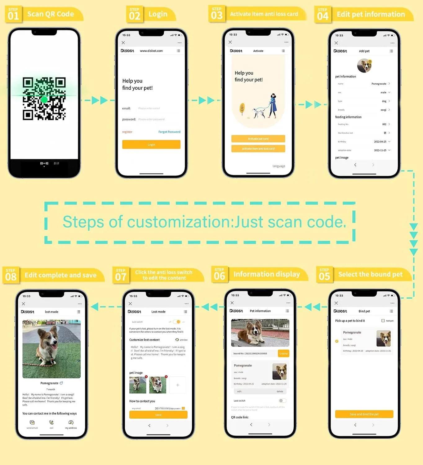 Custom White Cat Dog Collar Kitten Puppy wide Stainless Steel Kitten Choker Curb Adjustable Chew proof Cuban Link 1/2inch Chain with Gold Bone Tag Bell Personalized Qrcode ID tag