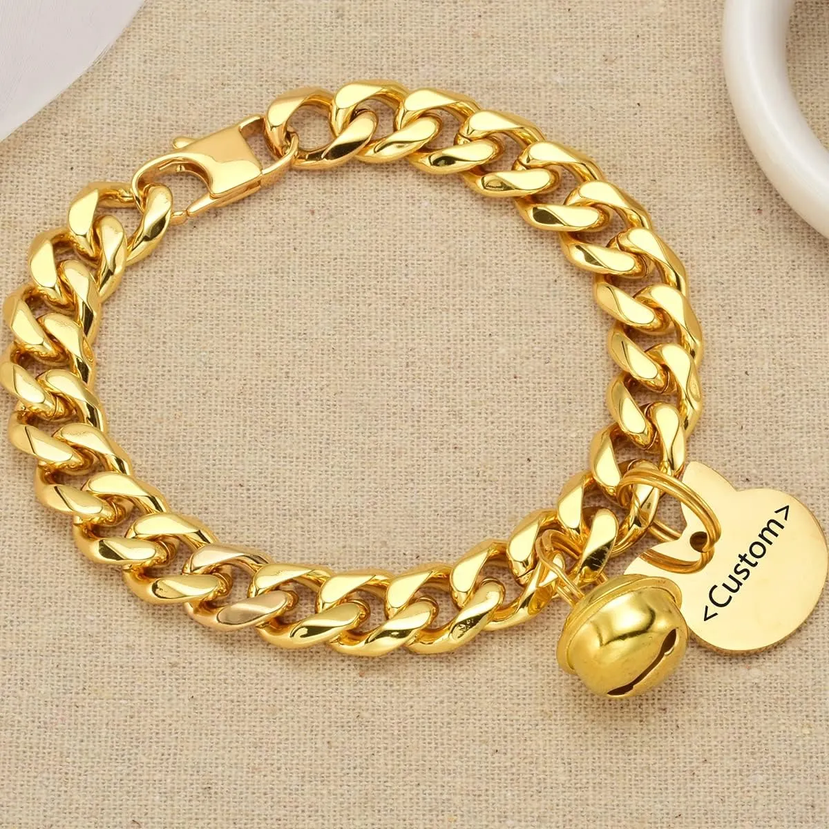Custom White Cat Dog Collar Kitten Puppy wide Stainless Steel Kitten Choker Curb Adjustable Chew proof Cuban Link 1/2inch Chain with Gold Bone Tag Bell Personalized Qrcode ID tag