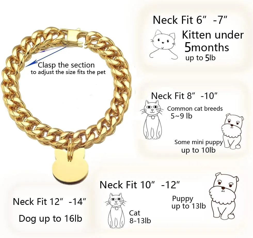 Custom White Cat Dog Collar Kitten Puppy wide Stainless Steel Kitten Choker Curb Adjustable Chew proof Cuban Link 1/2inch Chain with Gold Bone Tag Bell Personalized Qrcode ID tag