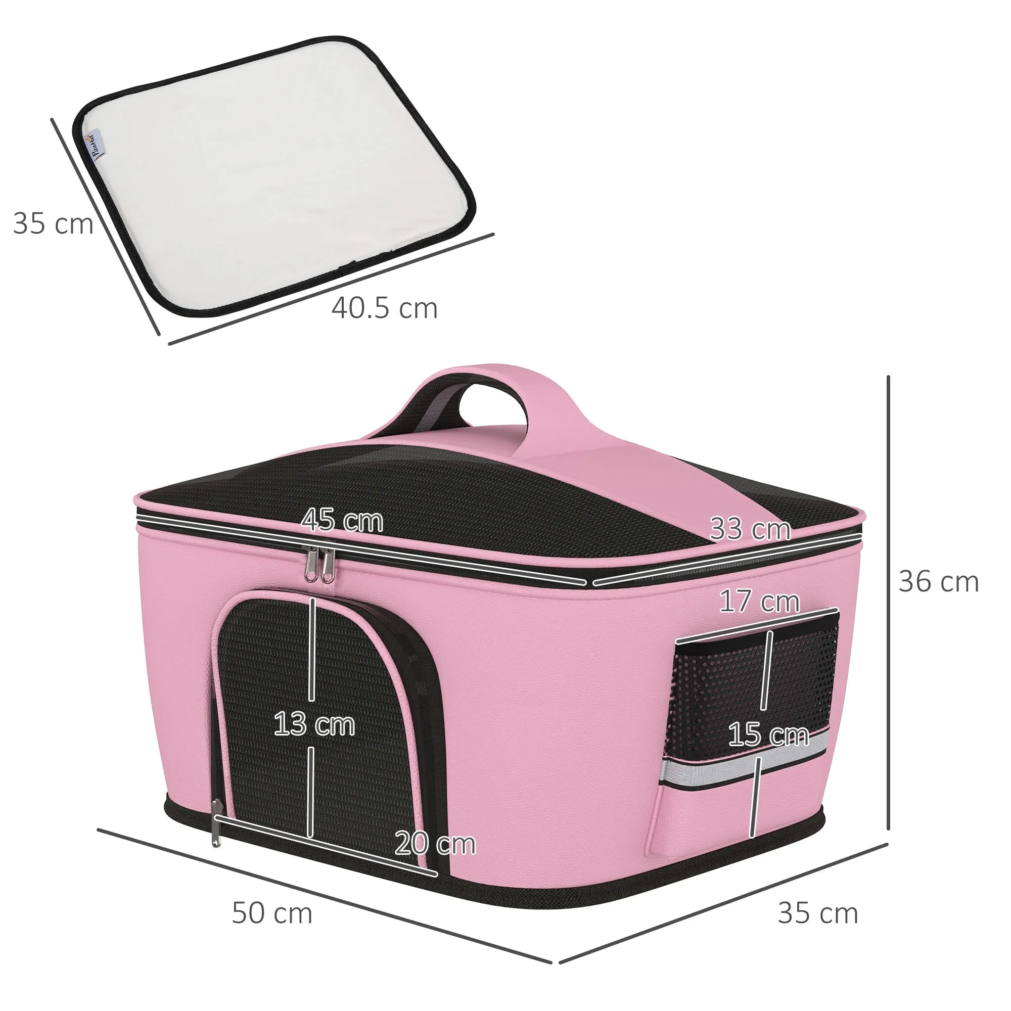 Dog and Cat Carrier Bag with 2 Zippered Doors, 50x35x36cm, Pink
