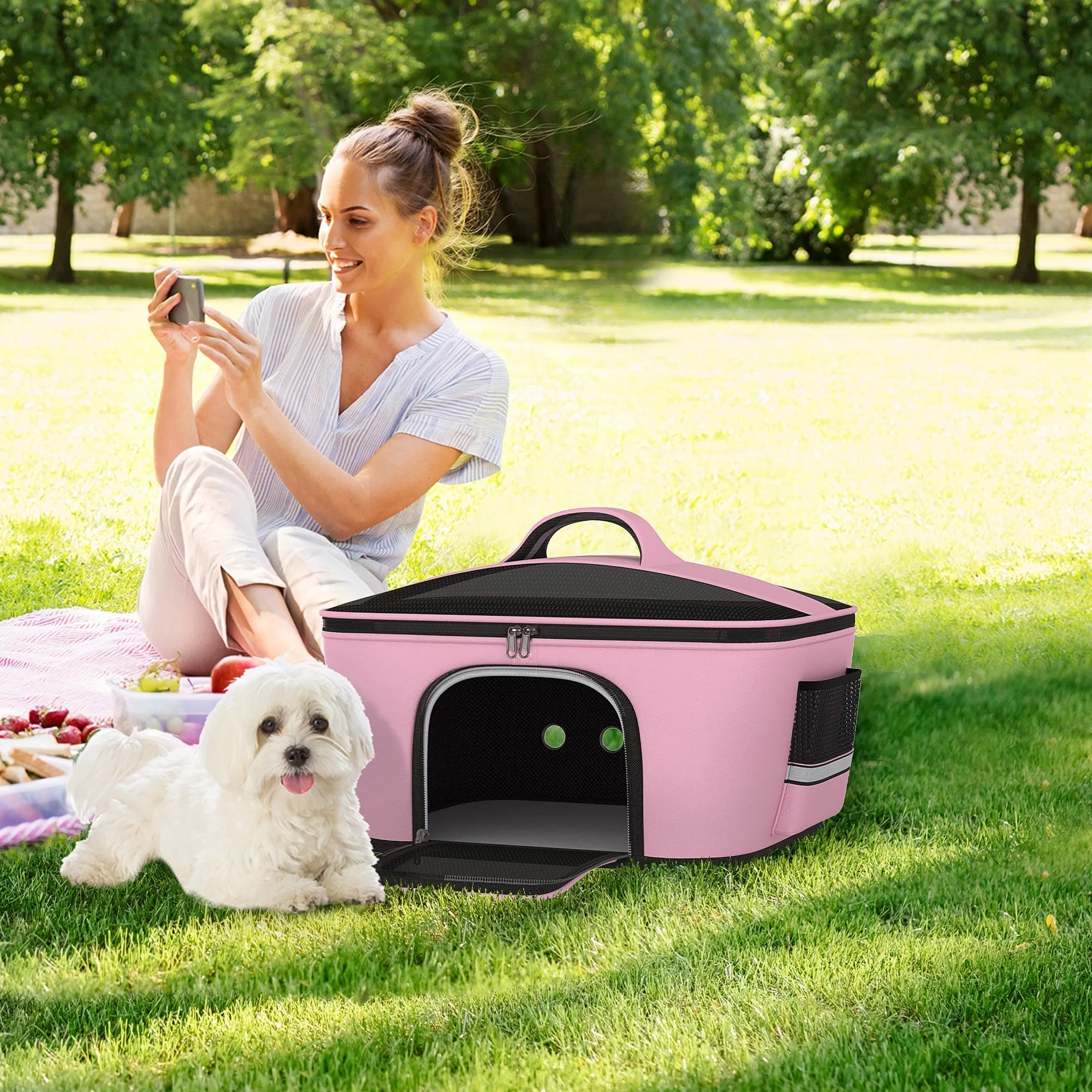Dog and Cat Carrier Bag with 2 Zippered Doors, 50x35x36cm, Pink