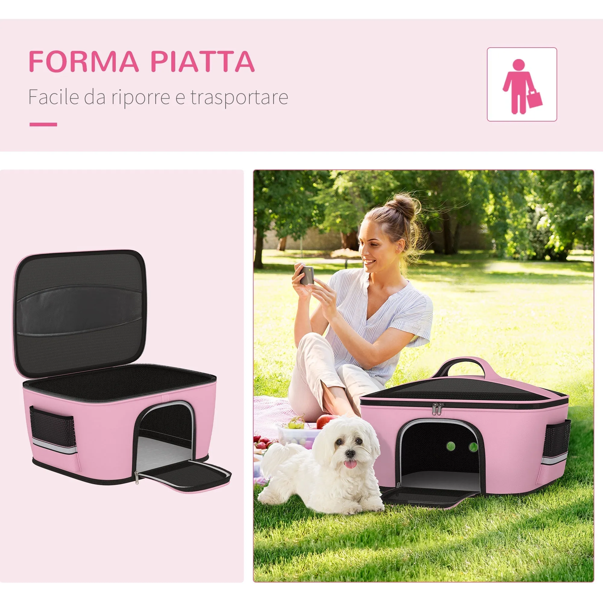 Dog and Cat Carrier Bag with 2 Zippered Doors, 50x35x36cm, Pink