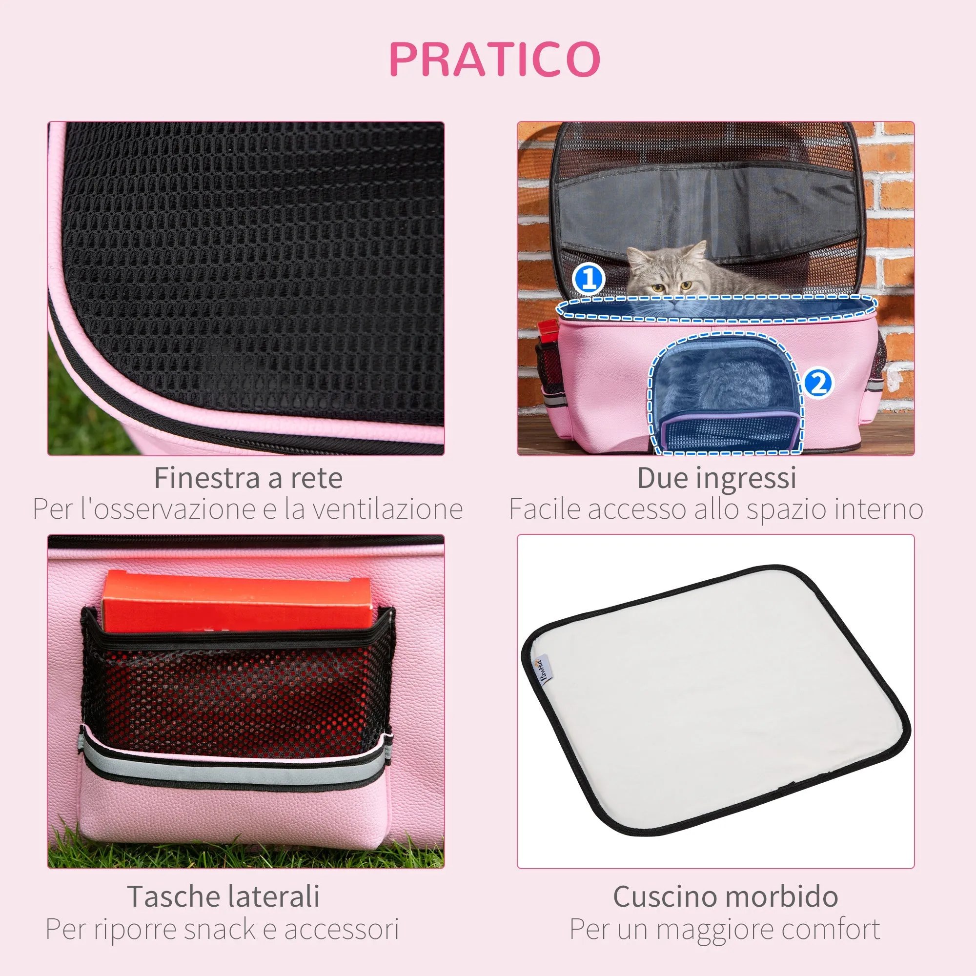 Dog and Cat Carrier Bag with 2 Zippered Doors, 50x35x36cm, Pink