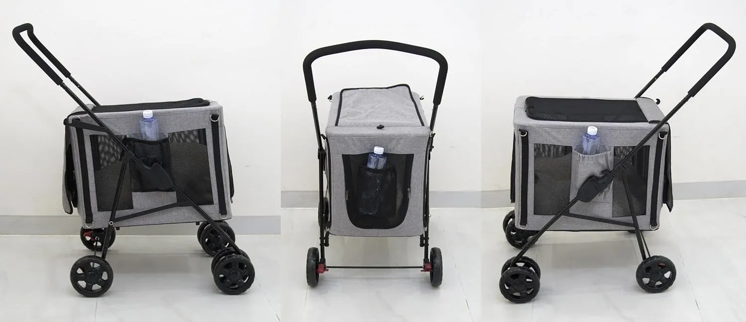 Dog Cat Stroller with Detachable Carrier Basket 3 in 1 Small Medium Upto 10 15 20 30 Lbs 2 Two Double Pet Dogs Cats Doggy Puppy Cart Carriage (Light Grey, Small-Medium)