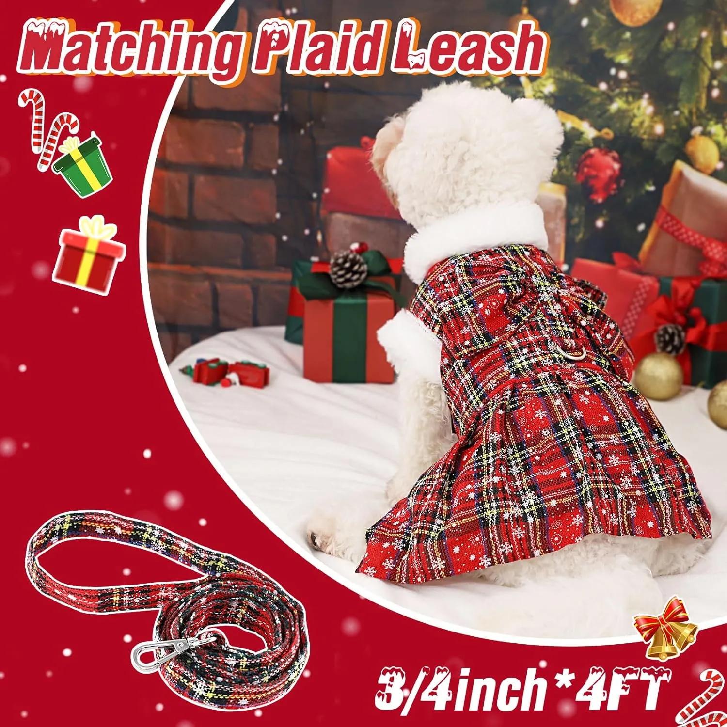 Dog Christmas Sweater Dress with Harness Leash Set Warm Soft Fleece Plaid Clothes for Small Girl Pet Outfit Winter Coat (Small, Red Harness Dress)