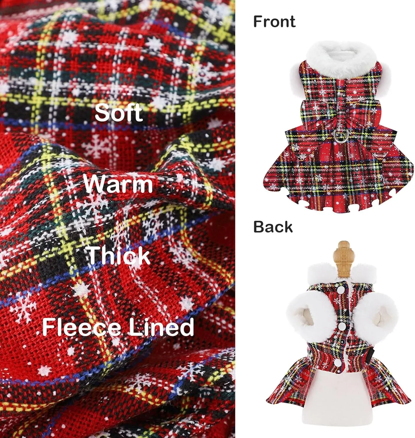 Dog Christmas Sweater Dress with Harness Leash Set Warm Soft Fleece Plaid Clothes for Small Girl Pet Outfit Winter Coat (Small, Red Harness Dress)