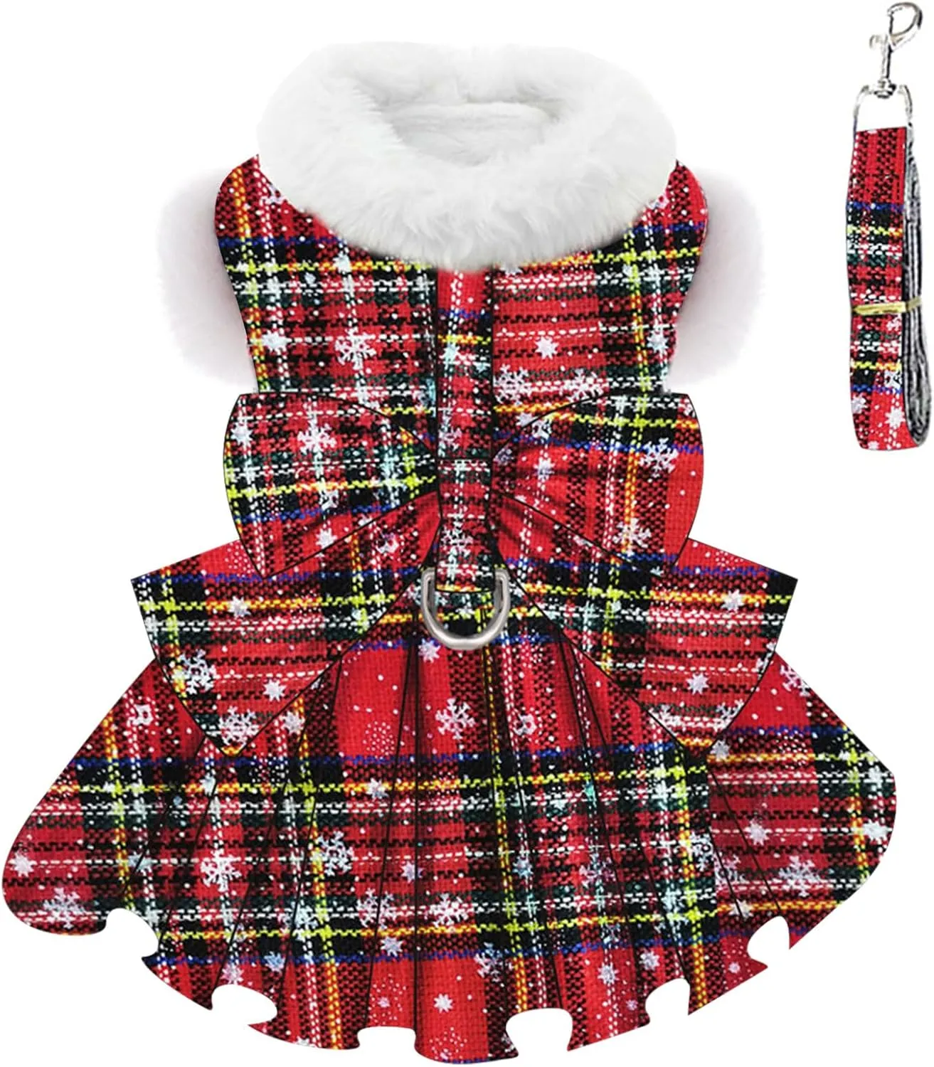 Dog Christmas Sweater Dress with Harness Leash Set Warm Soft Fleece Plaid Clothes for Small Girl Pet Outfit Winter Coat (Small, Red Harness Dress)