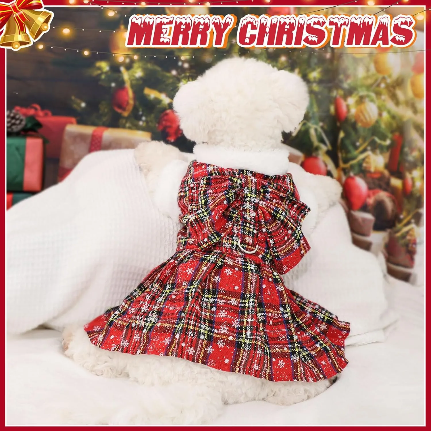 Dog Christmas Sweater Dress with Harness Leash Set Warm Soft Fleece Plaid Clothes for Small Girl Pet Outfit Winter Coat (Small, Red Harness Dress)
