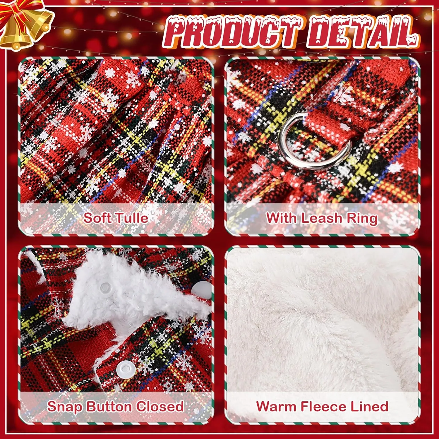 Dog Christmas Sweater Dress with Harness Leash Set Warm Soft Fleece Plaid Clothes for Small Girl Pet Outfit Winter Coat (Small, Red Harness Dress)