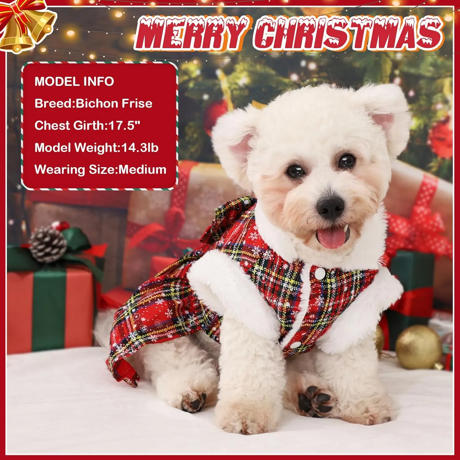 Dog Christmas Sweater Dress with Harness Leash Set Warm Soft Fleece Plaid Clothes for Small Girl Pet Outfit Winter Coat (Small, Red Harness Dress)