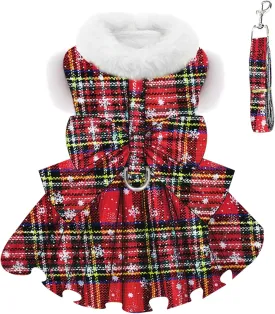 Dog Christmas Sweater Dress with Harness Leash Set Warm Soft Fleece Plaid Clothes for Small Girl Pet Outfit Winter Coat (Small, Red Harness Dress)