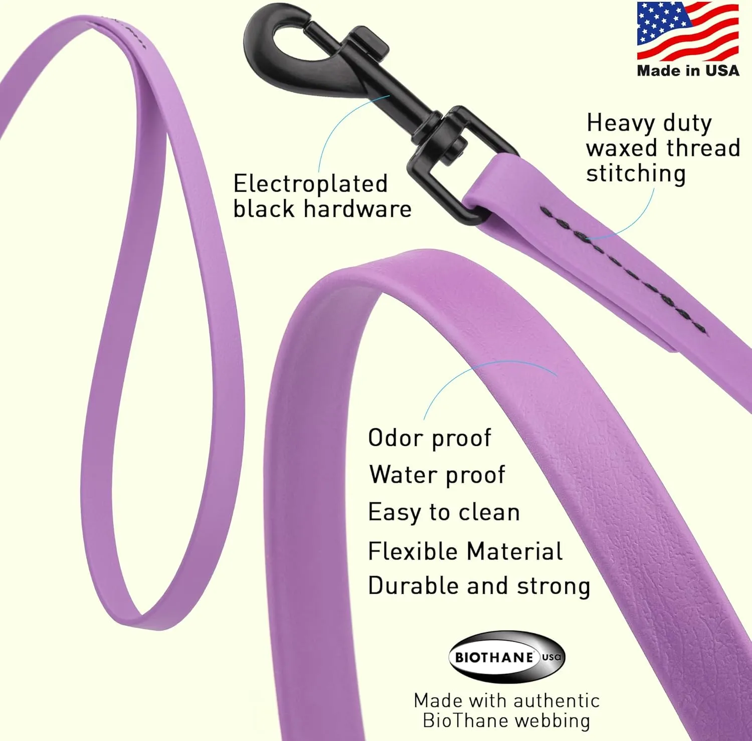 Dogline Biothane Waterproof Dog Leash Strong Coated Nylon Webbing with Black Hardware Odor-Proof Easy to Clean High Performance for Small or Large Dogs Made in USA 4 or 6 ft Lead, Amethyst Purple