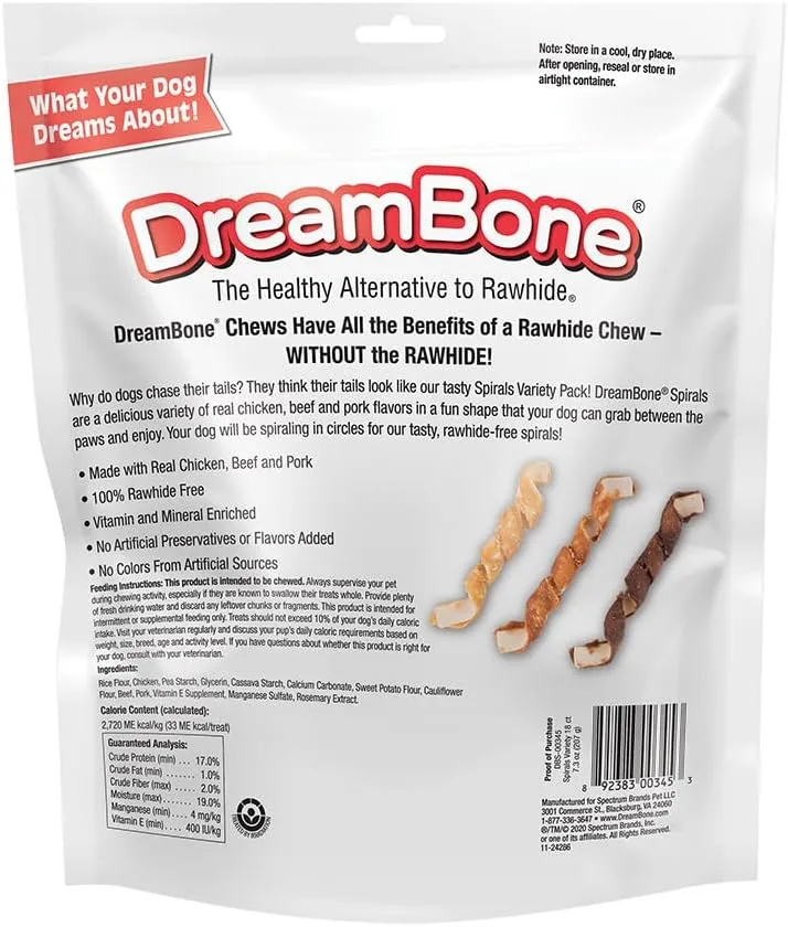 DreamBone Spirals Variety Pack, No-Rawhide Chews For Dogs, 18 Spiral Chews