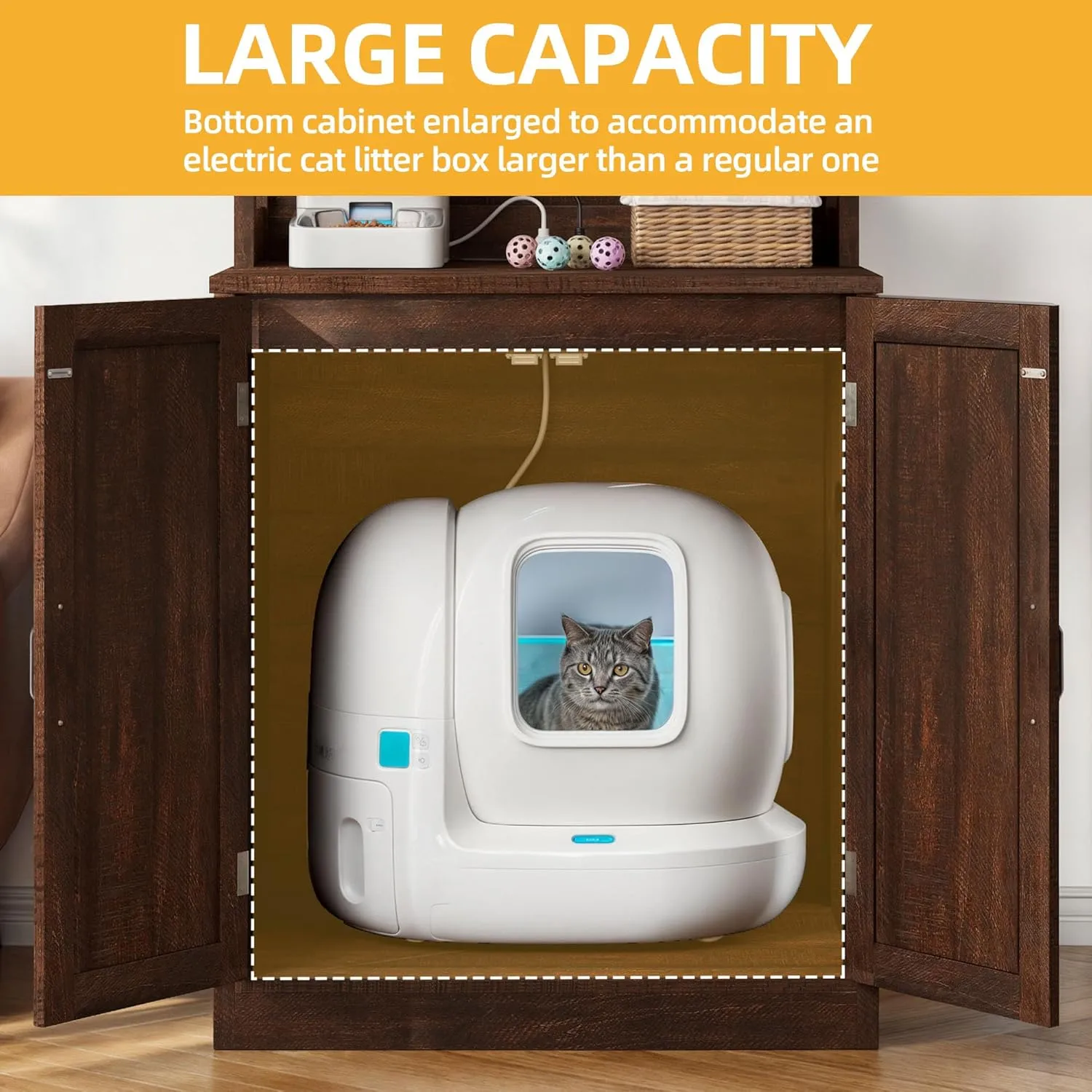 DWVO Large Hidden Litter Box Furniture with Shelves and Charging Station, Wooden Cat Litter Box Enclosure for Self-Cleaning Litter Boxes, Brown Oak