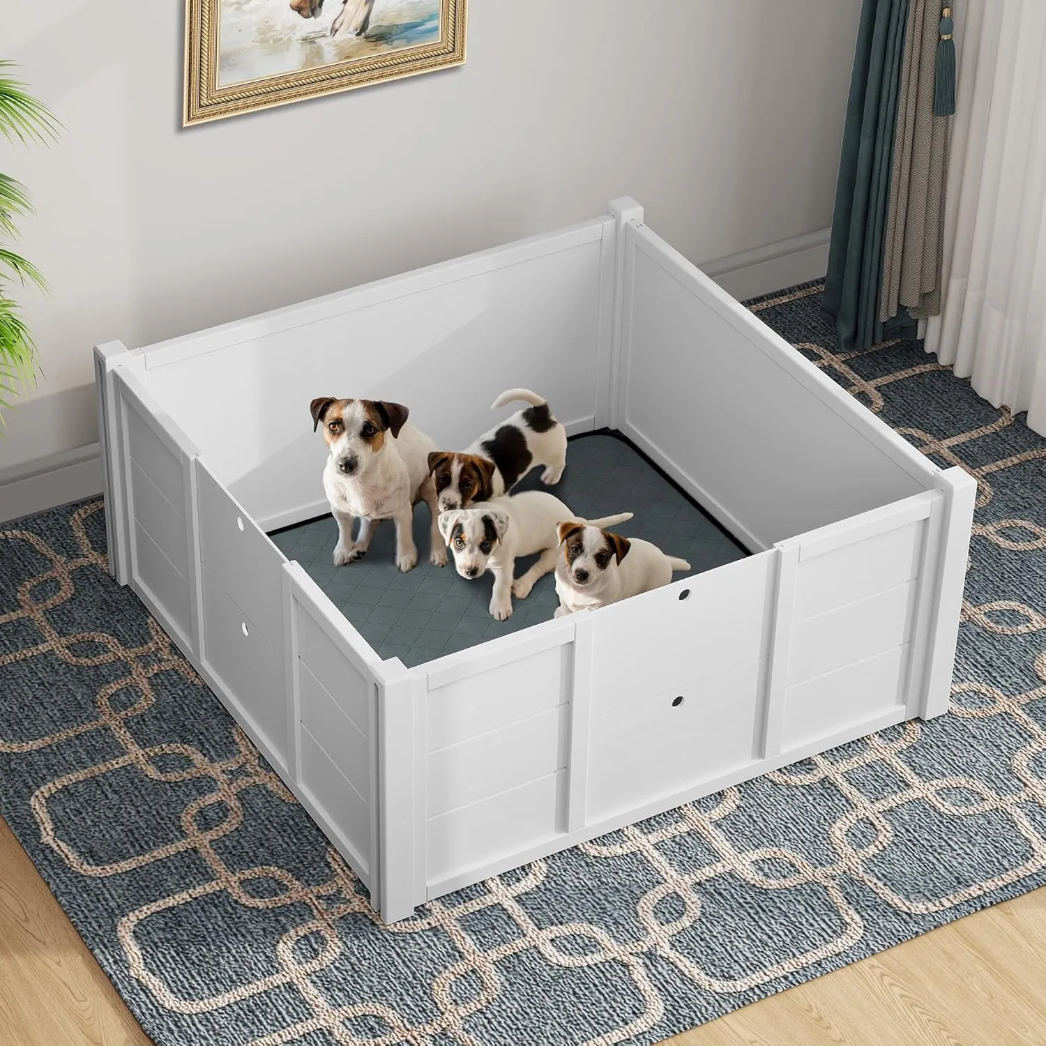 DWVO Wooden Whelping Box for Large Breed Dogs: Puppy Pen Indoor Puppies Playpen 39.4"x39.4"x17.7" with Washable Pad & Removable Doors, Safe Birthing Space for Small Medium Corgi, Poodle, Husky (White)