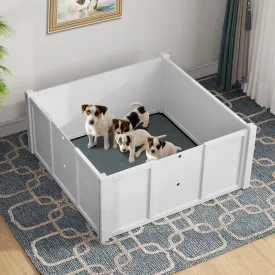 DWVO Wooden Whelping Box for Large Breed Dogs: Puppy Pen Indoor Puppies Playpen 39.4"x39.4"x17.7" with Washable Pad & Removable Doors, Safe Birthing Space for Small Medium Corgi, Poodle, Husky (White)