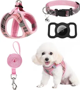 EXPAWLORER Classic Plaid Puppy Harness - Small Dog Harness and Leash Set - Dog Collar and Leash Set with AirTag Holder, Soft Padded Step in Dog Vest Harness No Pull Reflective for Outdoor, Pink XS
