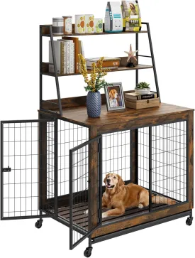 FAVOOSTY Dog Crate Furniture Table, 37.9 Inch Dog Kennel with Shelves and Removable Tray, Double Doors Heavy Duty Dog Cage, Indoor Wooden Pet Crate with Wheels for Medium Large Dogs, Rustic Brown