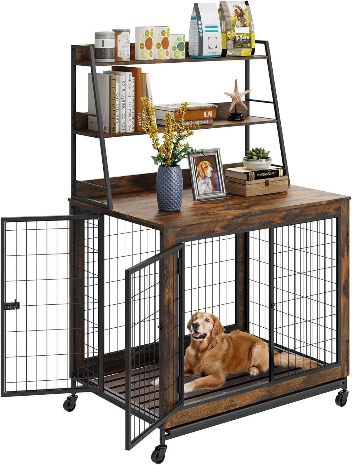 FAVOOSTY Dog Crate Furniture Table, 37.9 Inch Dog Kennel with Shelves and Removable Tray, Double Doors Heavy Duty Dog Cage, Indoor Wooden Pet Crate with Wheels for Medium Large Dogs, Rustic Brown