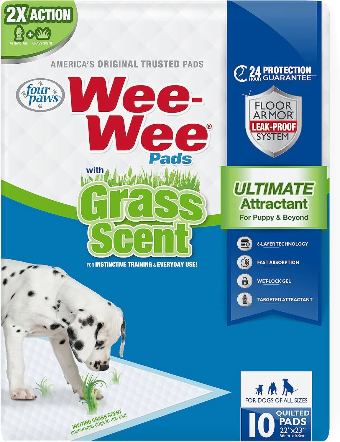 Four Paws Wee-Wee Ultimate Attractant Grass Scented Pee Pads for Dogs & Puppies, Leak-Proof Dog Housebreaking Instinctive Potty Training Floor Protection, 22" x 23", 10 Count